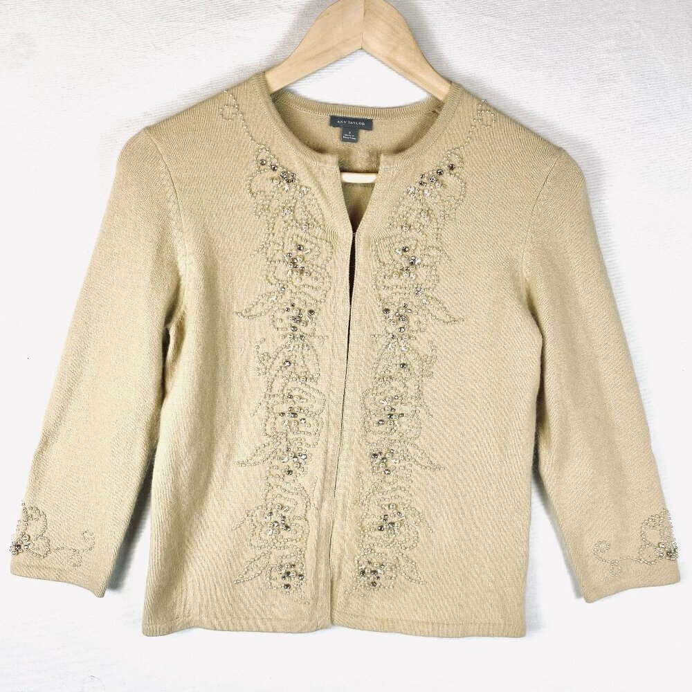 Vintage Ann Taylor angora blend embellished cardigan, Small tan/cream party